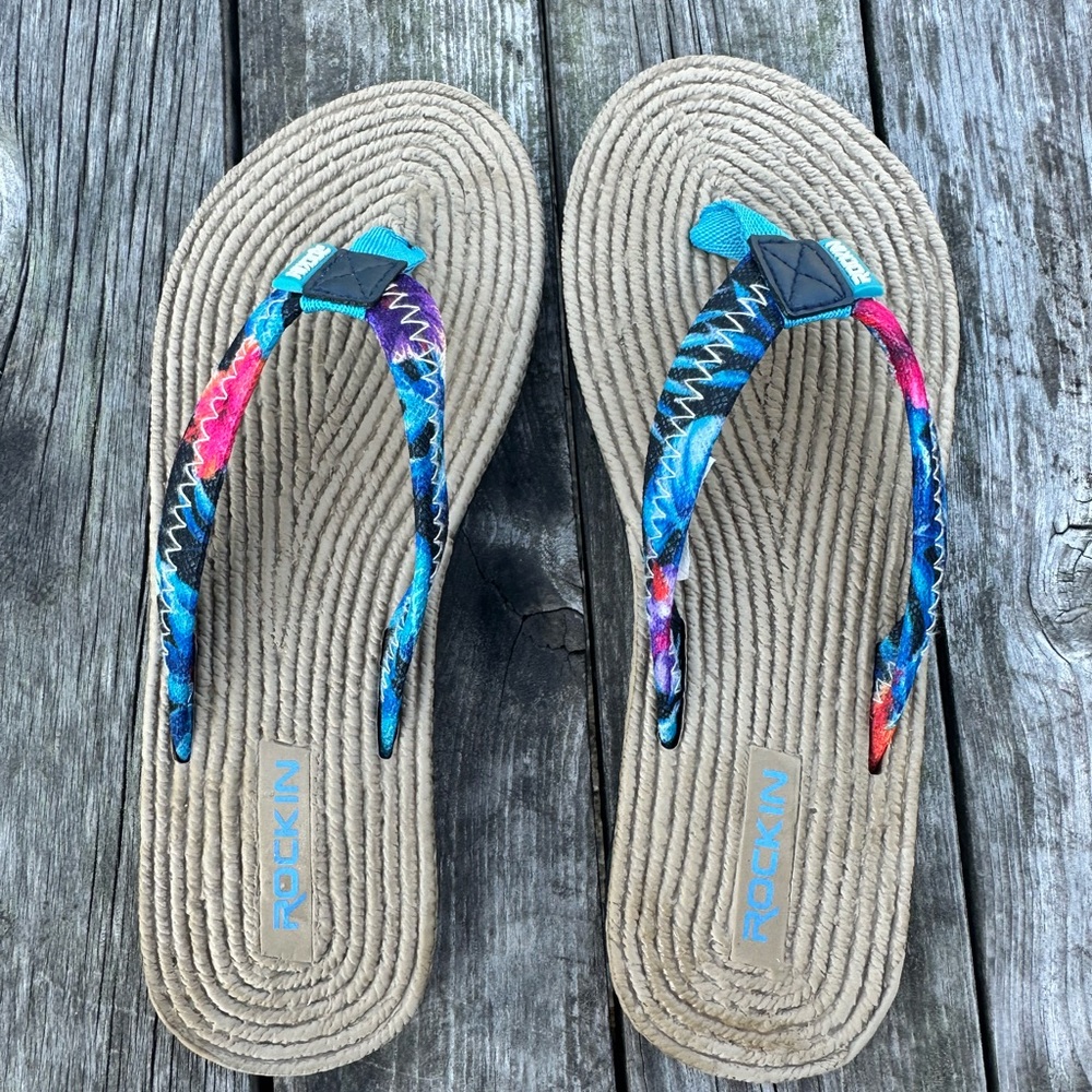 ROCKIN' Vibrant Floral Espadrille Flip Flop Sandals - Sz 7 - Picture 5 of 7